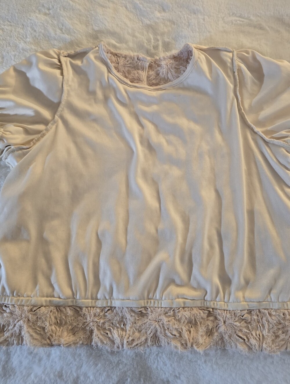 Adrianna Papell Floral Motif Crochet Texture Crew Neck Woven Shirt In Cream - Picture 8 of 11